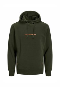 Olivengrøn hættebluse lavet af blødt stof, med et frontlogo i orange, snoretræk i hætten og ribbede cuffs med små accentdetaljer.