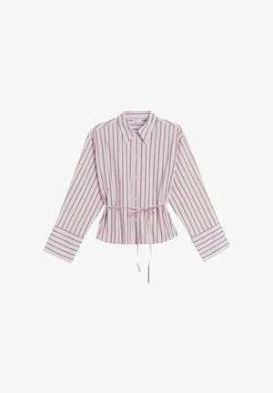 Pitkähihaisessa, nappikiinnitteisessä paidassa on vaaleanpunaista väriä, jossa on pystysuoria tummia raitoja. Paita on varustettu kireällä vyötäröllä, jonka voi sitoa, ja leveillä hihoilla. Pehmeä kangas.