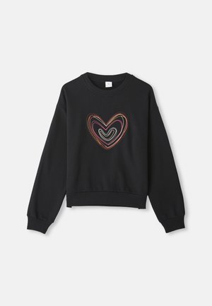 Sweatshirt noir avec un design de cœur multicolore et des lignes courbes. Encolure ronde, manches longues et poignets et ourlet côtelés.