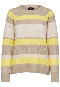 Beige, gelb und hellbraun gestreifter Pullover mit ribbeliger Textur, Rundhalsausschnitt und lässiger Passform.