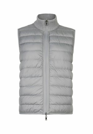 Hellgraue, gesteppte ärmellose Weste mit geripptem Stehkragen und doppellagigem Reißverschluss in der vorderen Mitte.