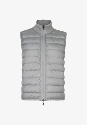 Lysegrå quiltet ærmeløs vest med ribbet høj krave og dobbel lynlåslukning ned foran.