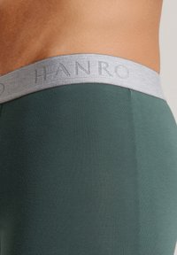 Mörkgröna boxerkalsonger med en mjuk grå elastisk midja som har "HANRO" präglat i grått. Slätt, figurnära tyg med en matt finish.