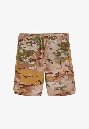 Kamuflāžas peldšorti bēšā, zaļā un brūnā krāsā ar auklu jostu. Audumam ir teksturēts raksts un smalkas krāsu variācijas.