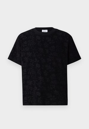 Black t-shirt with a textured floral pattern, round neckline, and short sleeves. Made from a soft material, featuring a relaxed fit design.