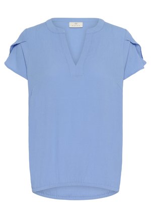 Helles blaues, kurzärmliges Oberteil mit V-Ausschnitt und leicht gerafften Ärmeln. Hergestellt aus einem strukturierten Stoff mit gerader Säume.