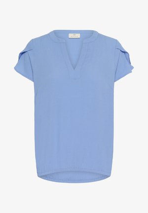 Helles blaues, kurzärmliges Oberteil mit V-Ausschnitt und leicht gerafften Ärmeln. Hergestellt aus einem strukturierten Stoff mit gerader Säume.