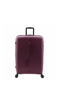 Hard-shell suitcase in purple with vertical ridges, a retractable black handle, and four black wheels for mobility.