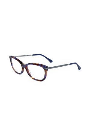 Occhiali rettangolari con montatura tartarugata, aste in metallo argentato intrecciato e terminali blu navy su sfondo bianco.