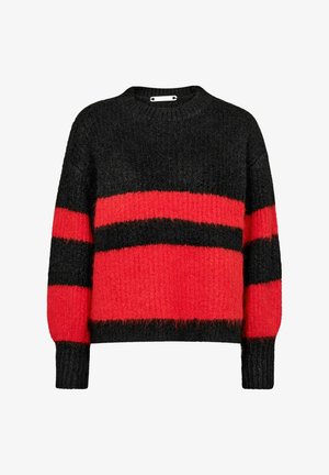 Tumedast kašmirist musta värvi sviiter, millel on julged punased ja mustad horisontaalsed riba, ümar kaelus ja kergelt puffed pikad varrukad.