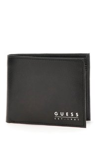Schwarze Lederbörse mit genarbter Oberfläche, im Zweiseiten-Design und geprägtem silbernem Logo. Verfügt über genähte Kanten und eine kompakte Form.