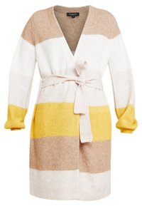 Sweter rozpinany na guziki z dekoltem w serek, długimi rękawami, paskiem w talii oraz poziomymi paskami w kolorach kremowym, brzoskwiniowym i musztardowożółtym. Miękka tekstura.