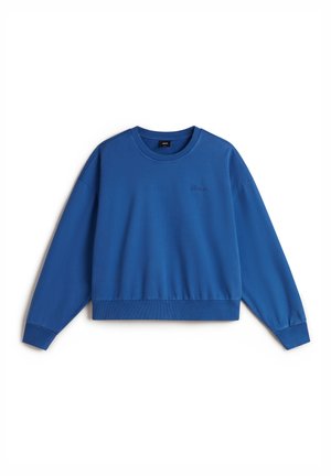 Blauer Rundhalsausschnitt-Sweatshirt mit langen Ärmeln, gerippten Bündchen und Saum. Verfügt über eine dezente Logo-Stickerei auf der Brust und besteht aus weichem Stoff.