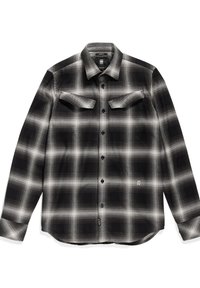 Camicia a maniche lunghe in tessuto a quadri neri e grigi, con due tasche sul petto, colletto con bottoni e bottoni neri. Tessuto liscio con una leggera lucentezza.