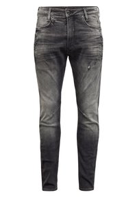 Černé džíny z denimu se slim fit střihem. Obsahují ozdobné poškození, jemné vyblednutí, pět kapes a viditelné švy. Klasické zapínání na knoflíky.