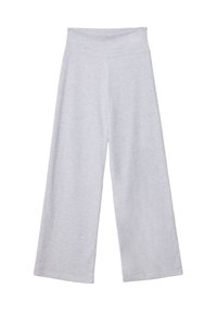 Helle graue, weit geschnittene Hose mit hohem Bund. Hergestellt aus weichem Stoff, mit glatter Textur und lockerer Passform für maximalen Komfort.