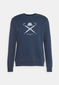 Felpa blu navy in cotone, con maniche lunghe e colletto a girocollo. Presenta una grafica di un cappello a bombetta e bastoni incrociati in argento.
