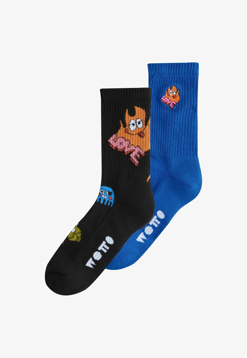 Chaussettes noires et bleues à texture côtelée ; la chaussette noire présente des personnages colorés et le texte « LOVE », tandis que la chaussette bleue arbore un design de personnage assorti.