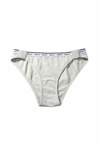 Light grey briefs with a white elastic waistband featuring repeated "NEXT" text and side fasteners on a white background.