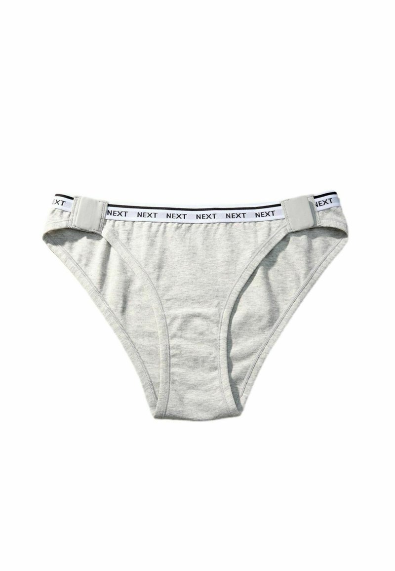Light grey briefs with a white elastic waistband featuring repeated "NEXT" text and side fasteners on a white background.
