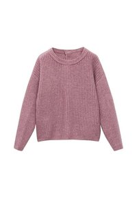 Pull en tricot à manches longues de couleur rose poussiéreux, avec un col rond et une texture côtelée.