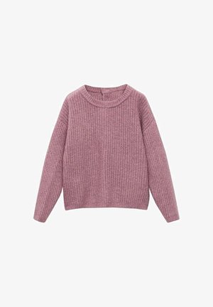 Pull en tricot à manches longues de couleur rose poussiéreux, avec un col rond et une texture côtelée.