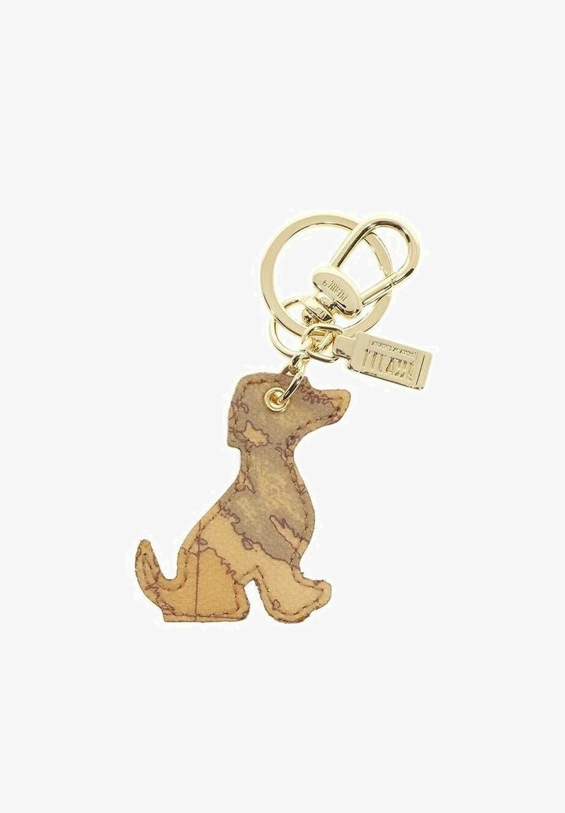 Portachiavi a forma di cane, realizzato in pelle marrone con una finitura testurizzata, attaccato a un anello e un moschettone in metallo dorato.