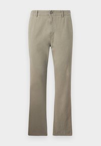Beige katoenen broek met een rechte snit, voorzien van een knoopsluiting, riemlussen en een licht gestructureerd oppervlak, geschikt voor casual draag.