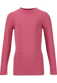 Langærmet træningstrøje i ensfarvet pink, lavet af strækstof. Har teksturerede paneler og rund halsudskæring. Glat, tætsiddende design.