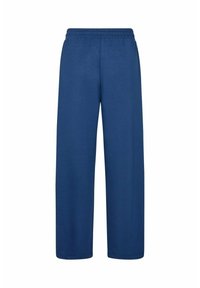 Blauwe wijdvallende broek met een elastische tailleband, gemaakt van zachte stof, gepresenteerd tegen een witte achtergrond.