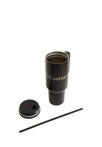 Svart rese mugge med texten "Couture", avtagbart lock med drickhål och ett svart sugrör på vit bakgrund.