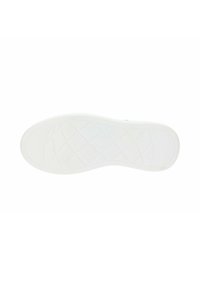 Suela de zapatilla blanca con patrón de agarre texturizado. Se pueden ver bordes redondeados, una banda de rodadura poco profunda y detalles de logotipos en relieve en la superficie.