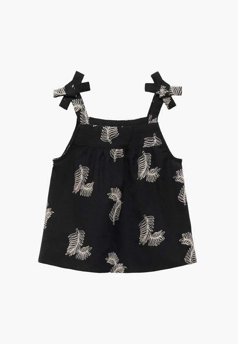 Svart topp med broderade bladmönster i beige, med justerbara rosettaccenter på axelband och en lös passform.