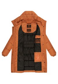 Orange pufferväst med svart inredning, med hög krage, frontdragkedja, tryckknappar och logotyp-patchar på fickor och foder.