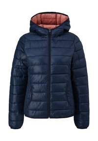 Granatowa puchowa kurtka z kapturem, z pikowanym wzorem i różową podszewką. Posiada zamek błyskawiczny z przodu oraz elastyczne mankiety.