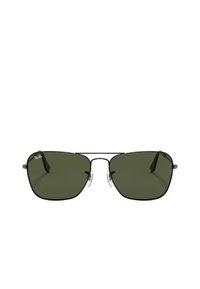 Occhiali da sole con montatura nera in metallo, lenti verdi rettangolari e naselli trasparenti. Presentano aste sottili con dettagli del logo discreti.