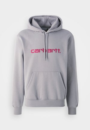 Grå hettegenser med en frontlomme og rosa brodert "carhartt"-logo. Laget av mykt materiale med ribbede mansjetter og nederkant.