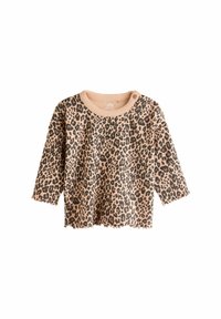 Långärmad skjorta i leopardmönster i ljus rosa ribbat tyg, med rund halsringning och tvåknappsslutning på axeln, rå kant.