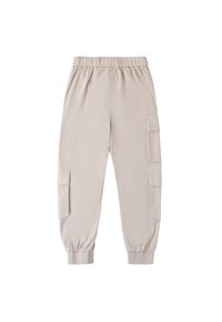 Beige Cargo-Hosen aus weichem Stoff. Mit elastischem Bund, schmal zulaufenden Beinen und zwei Seitentaschen. Glatte, leichte Textur.