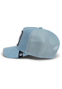 Light blue cap with a denim texture, mesh back, curved brim, and a black patch featuring a logo on the side.