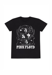 Czarna bawełniana koszulka z graficznym nadrukiem twarzy w wirujących motywach kosmicznych, z napisem "PINK FLOYD" w białym kolorze poniżej.