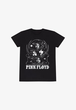 Czarna bawełniana koszulka z graficznym nadrukiem twarzy w wirujących motywach kosmicznych, z napisem "PINK FLOYD" w białym kolorze poniżej.