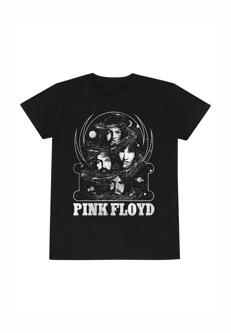 Czarna bawełniana koszulka z graficznym nadrukiem twarzy w wirujących motywach kosmicznych, z napisem "PINK FLOYD" w białym kolorze poniżej.