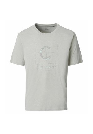 Lysegrå t-shirt med korte ærmer med et subtilt firkantet logo og teksten "CASAMODA" trykt på fronten i midten.