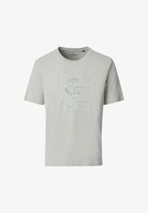 Jasnoszary t-shirt z krótkim rękawem z subtelnym, kwadratowym logo i tekstem "CASAMODA" nadrukowanym na środku przodu.