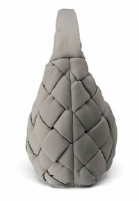 Teksturowana szara pufa w kształcie łzy z pikowanym wzorem i płaską górą. Miękki, elastyczny materiał zwiększa komfort i funkcjonalność.