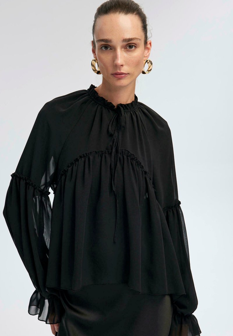 Black blouse made of lightweight fabric, featuring a ruffled neckline, long sheer sleeves, and a loose, flowing design. Ties at the neck.