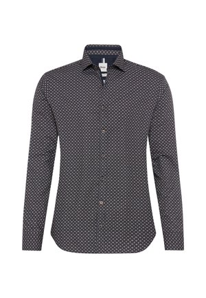 Camicia a maniche lunghe in tessuto blu scuro con un motivo floreale in rosa chiaro e bianco. Caratterizzata da un colletto classico e chiusura frontale con bottoni.