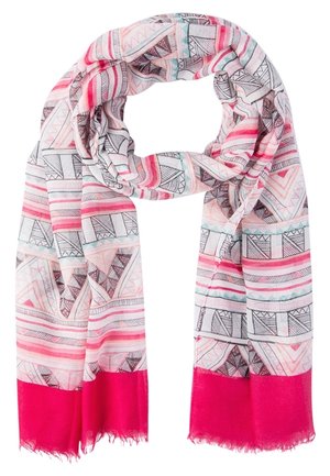 Écharpe légère à motifs géométriques en rayures noires, roses et bleu sarcelle, terminée par des franges unies rose vif.