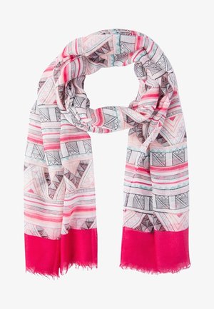 Écharpe légère à motifs géométriques en rayures noires, roses et bleu sarcelle, terminée par des franges unies rose vif.